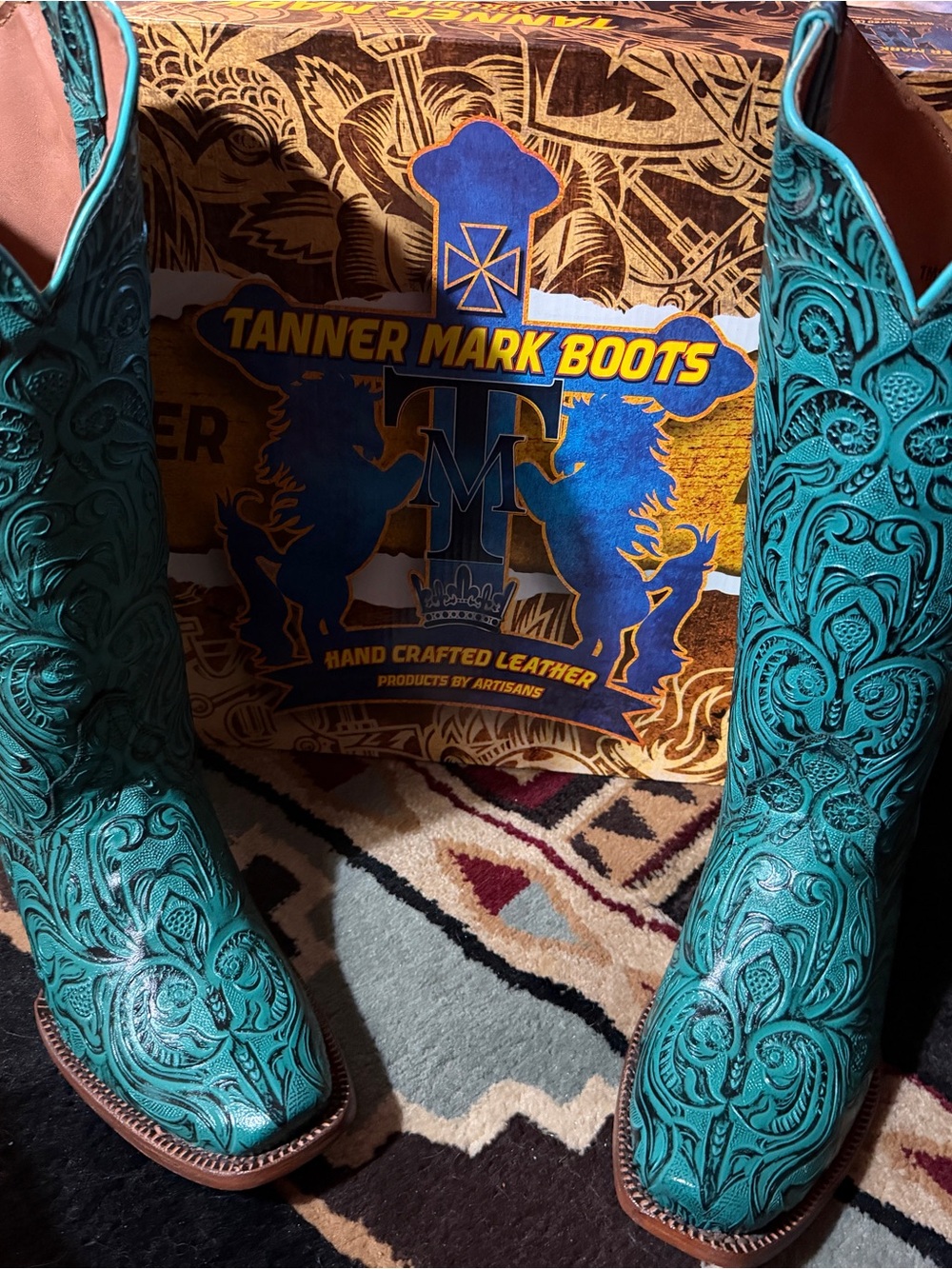 Tanner Mark Teal Embroidered Leather Heeled Boots